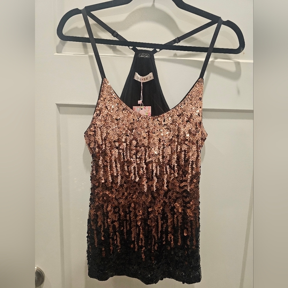 NWT! Maner Ombre Sequin BLACK BRONZE Adjustable And Lined tank top Small
